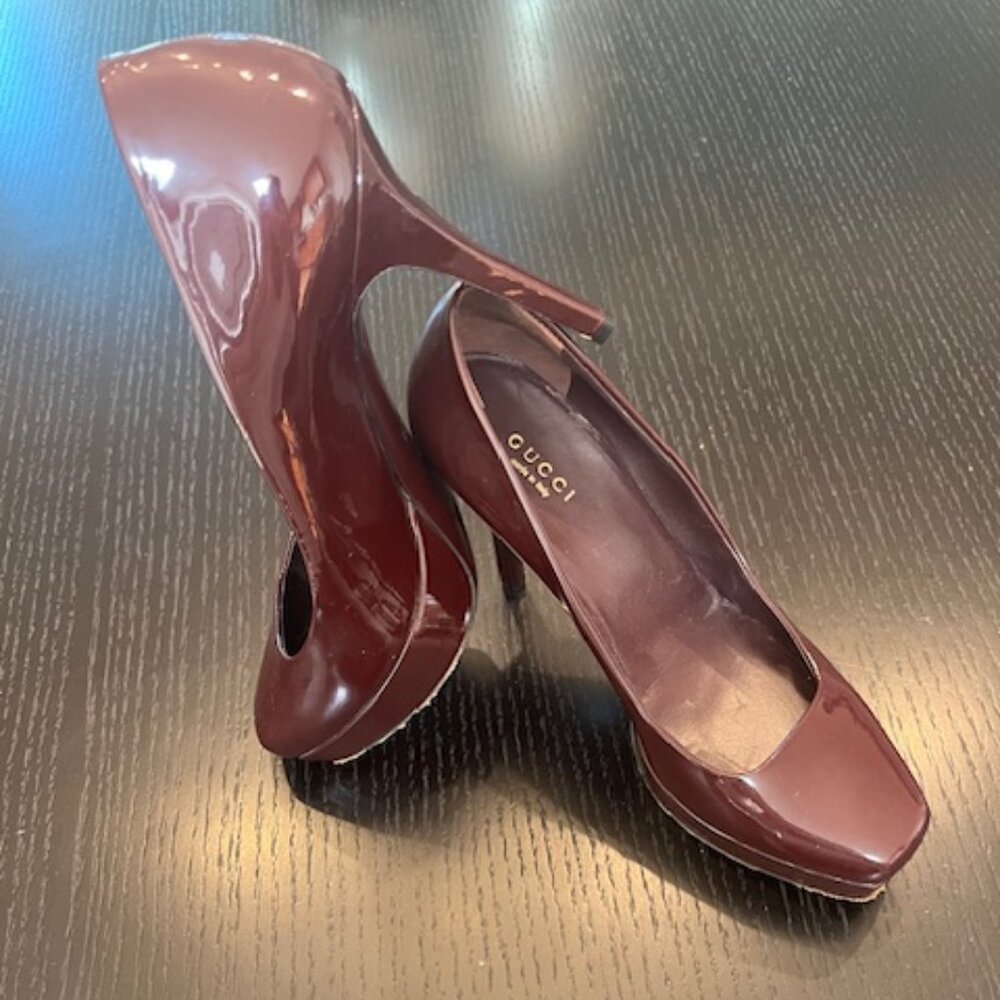 Sexy Stiletto Patent Chocolate Brown Gucci Patent Platform Pump